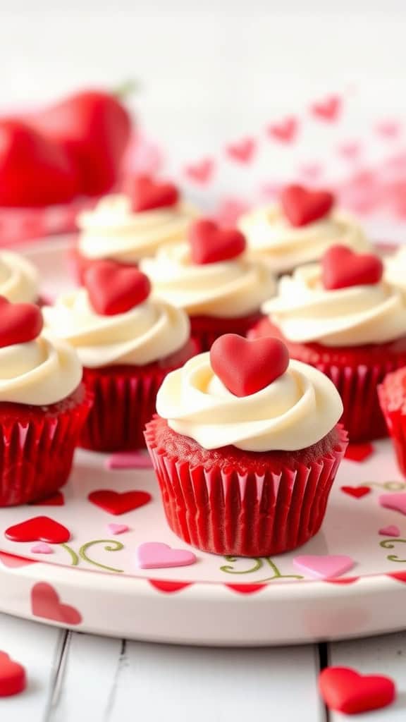 Sweetheart red velvet cupcake bites with heart-shaped toppers on a decorative plate