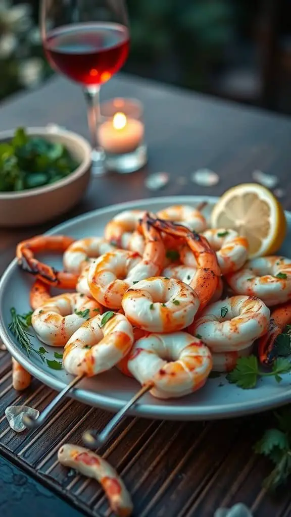 A plate of Sweetheart Shrimp Skewers garnished with herbs and lemon, accompanied by a glass of red wine and a candle.