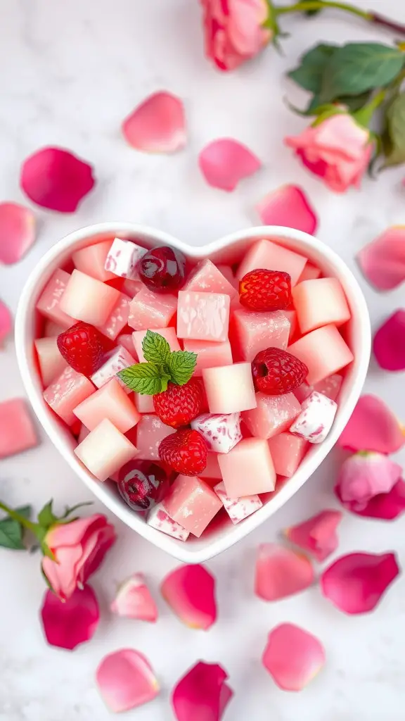 Heart-shaped bowl filled with pink fruit salad including strawberries, raspberries, and melon, surrounded by rose petals.