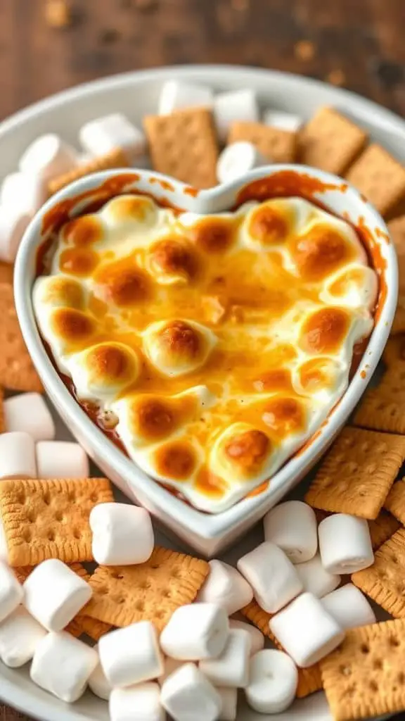 Heart-shaped S'mores dip surrounded by graham crackers and marshmallows