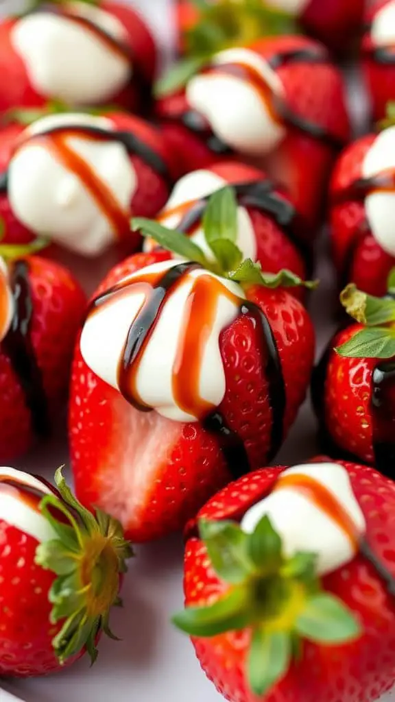 Fresh strawberries filled with cream and drizzled with balsamic glaze