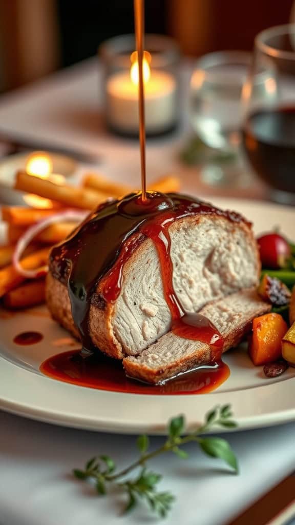 Balsamic glazed pork tenderloin on a plate with roasted vegetables and fries, surrounded by soft candlelight.