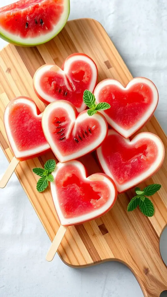 Heart-shaped watermelon popsicles on a wooden board