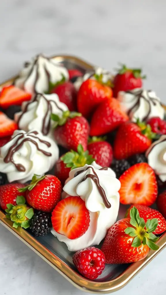 A dessert tray filled with fresh strawberries, raspberries, blackberries, and whipped cream, drizzled with chocolate.