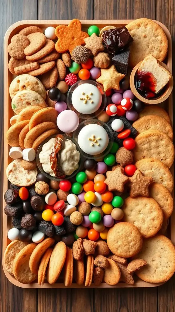 A colorful grazing tray filled with cookies, candies, and sweet treats.