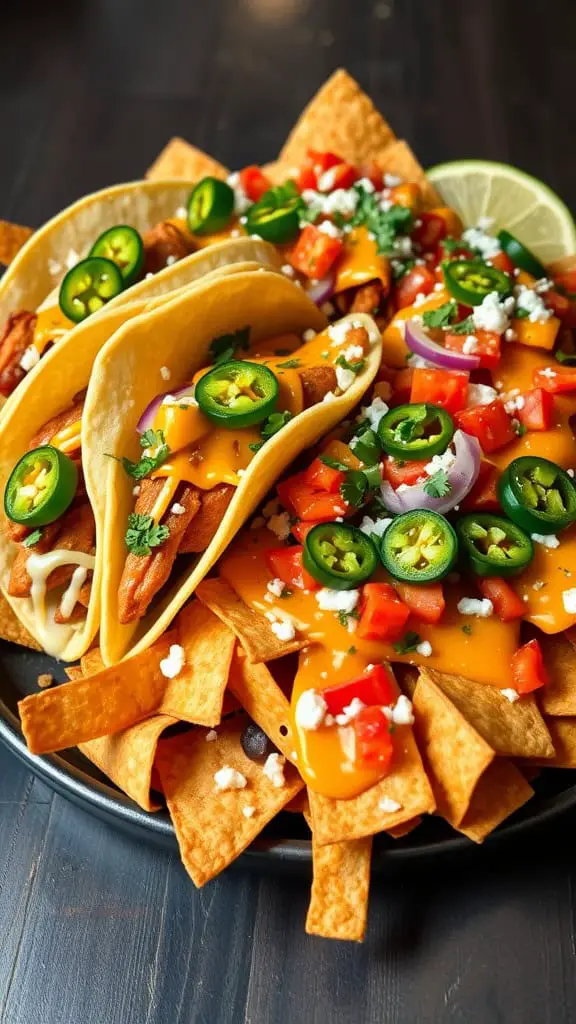 A delicious Taco & Nacho Combo Platter featuring soft tacos with toppings and cheese-covered tortilla chips.