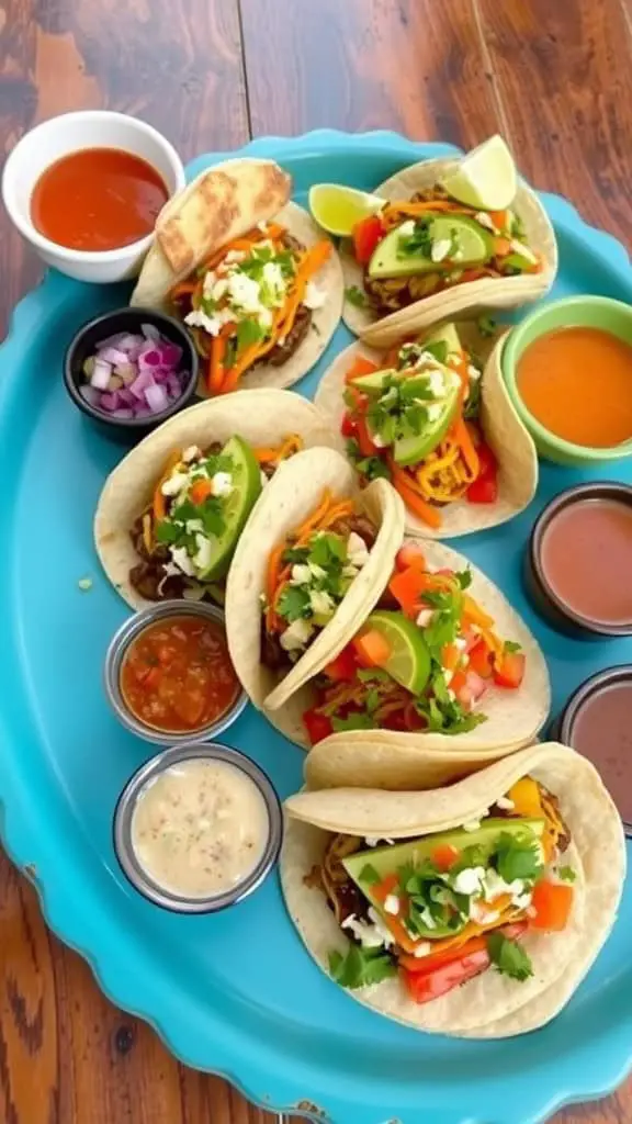 A colorful taco and salsa tasting board with various tacos and dipping sauces on a turquoise platter.