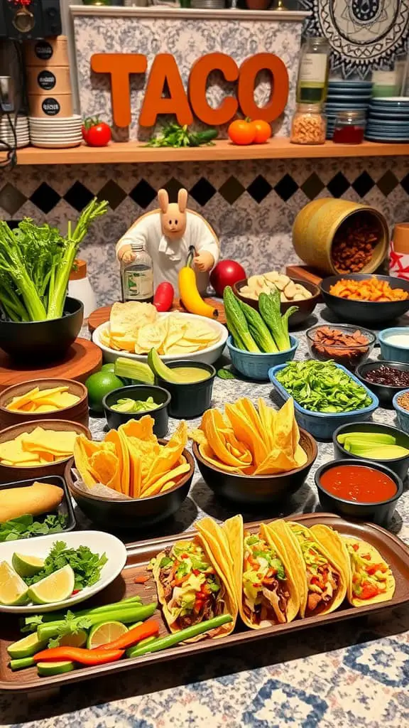 A visually stunning taco bar spread featuring tacos, fresh ingredients, and a decorative bunny figure