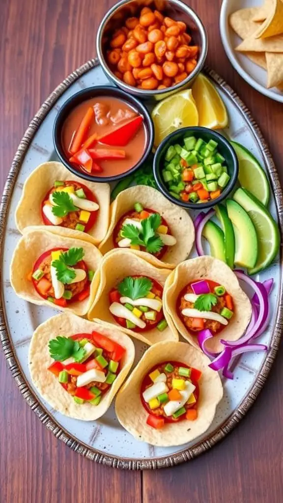 A colorful taco platter with mini tacos, fresh toppings, and dipping sauces.