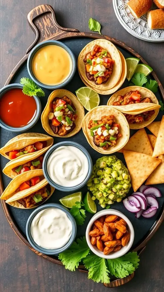 A beautifully arranged Taco Bites & Dip Delight Board featuring mini tacos, dips, tortilla chips, and garnishes.