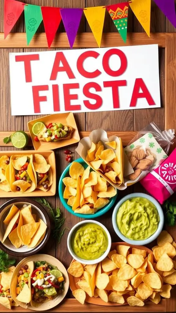 A colorful taco fiesta board with a variety of tacos, chips, guacamole, and a festive sign.