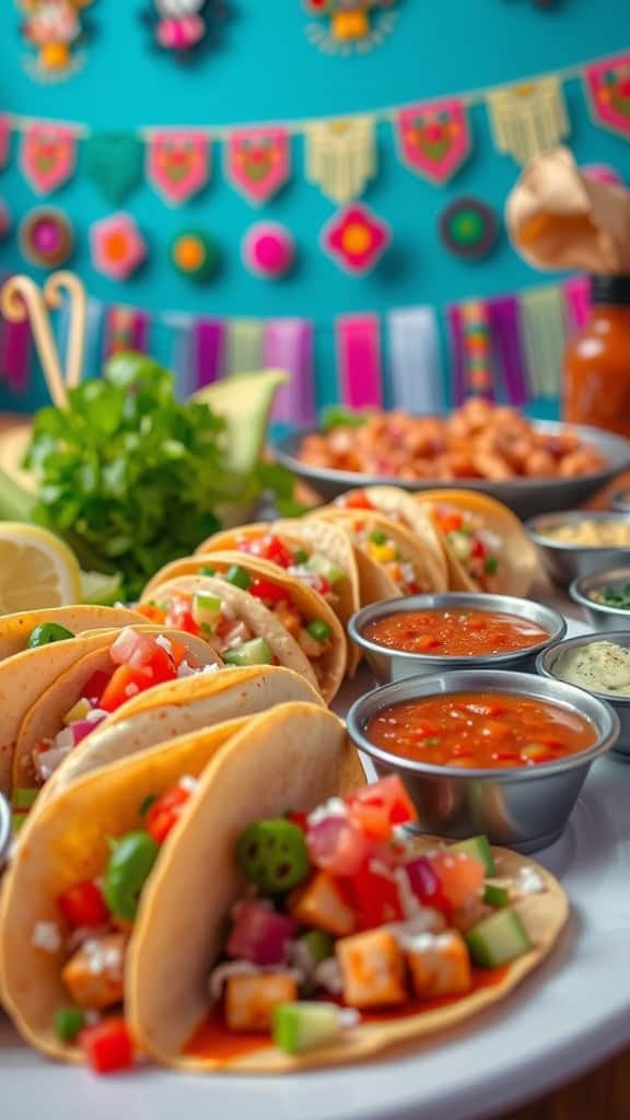 A colorful taco spread featuring various tacos, dips, and festive decorations.