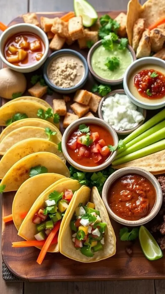 A vibrant taco platter with tacos, dips, and fresh veggies on a wooden board.