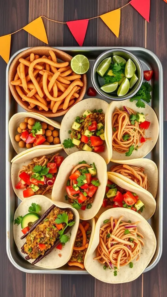 A vibrant taco tray featuring assorted tacos, crispy snacks, lime wedges, and colorful garnishes.