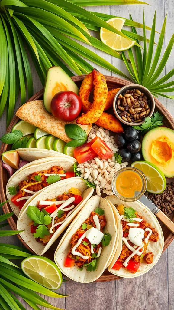 A colorful taco platter featuring soft tacos, fresh ingredients, and various sides.