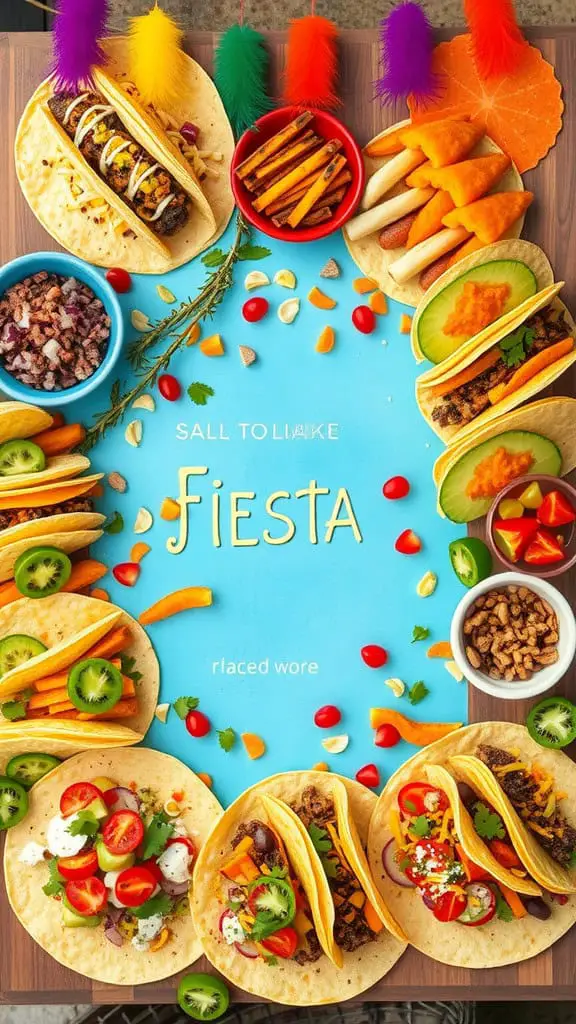 A colorful taco spread fiesta board featuring various tacos, fresh ingredients, and snacks arranged around a central blue board.