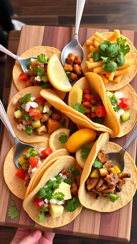 A beautifully arranged Taco Tasting Board with mini tortillas filled with various colorful ingredients, garnished with cilantro and fresh lemon slices.