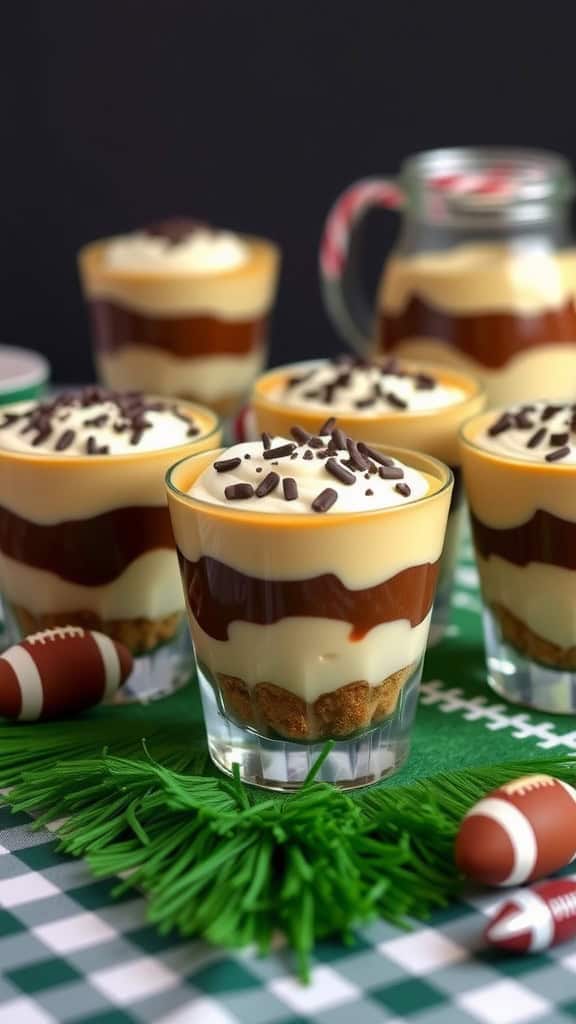 Delicious Tailgate Tiramisu Cups with layers of cream and chocolate, perfect for football gatherings.