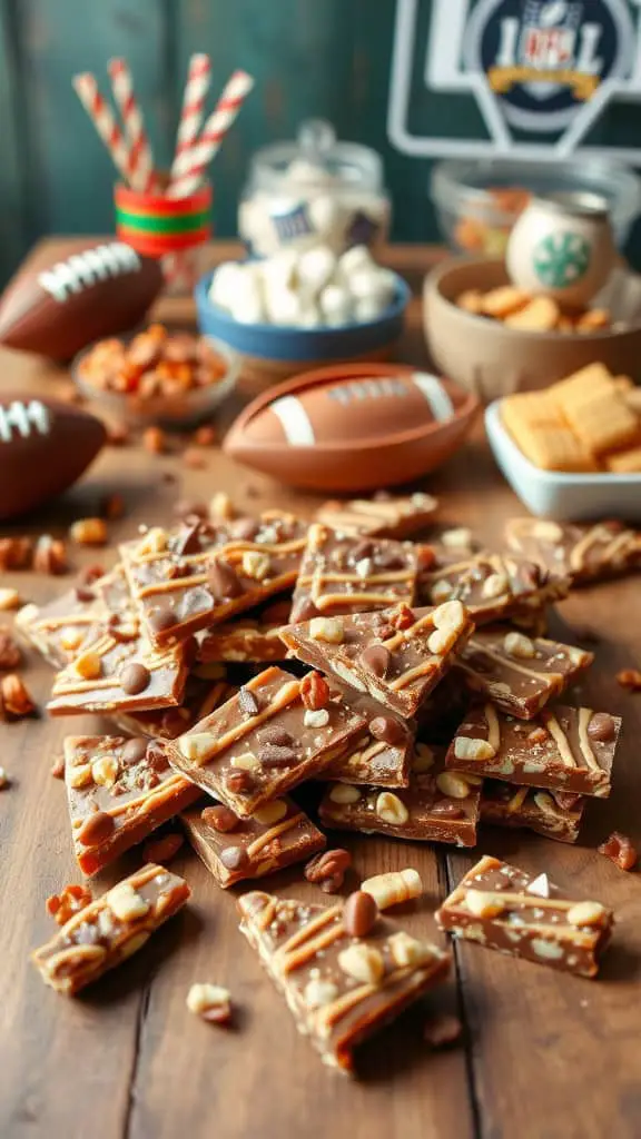 A tempting display of Tailgate Toffee Crunch Bark with nuts and chocolate, surrounded by football-themed snacks.