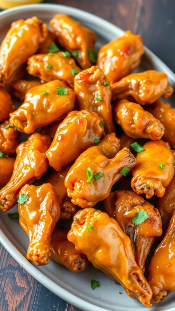 A platter of Tangy Honey Mustard Wings, glazed with a shiny orange sauce and garnished with cilantro.