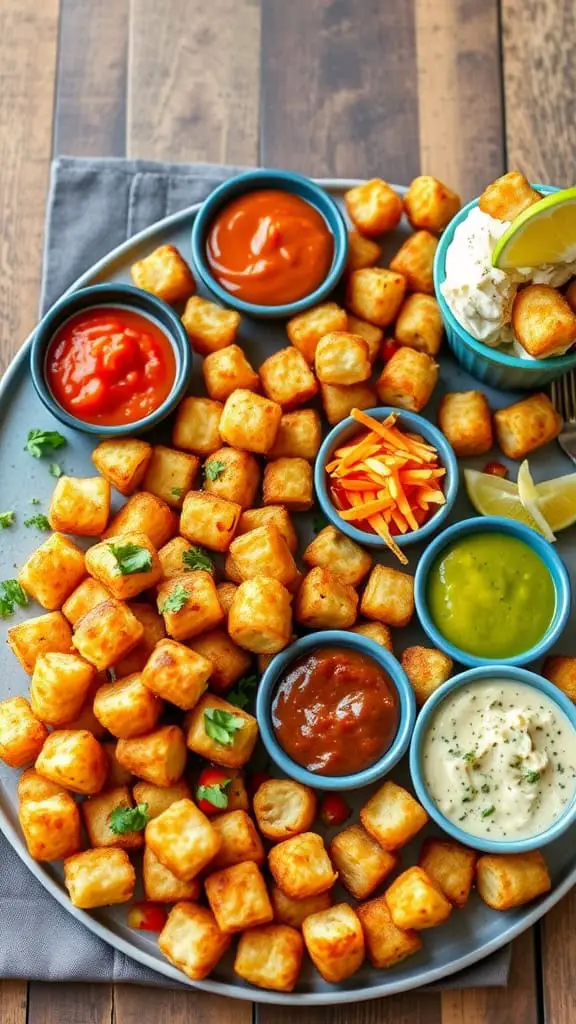 A platter of crispy tater tots with various dips and toppings