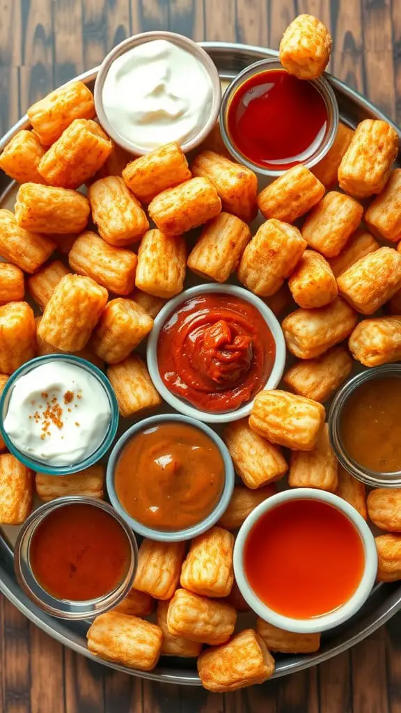 A tray filled with golden tater tots surrounded by various dipping sauces.