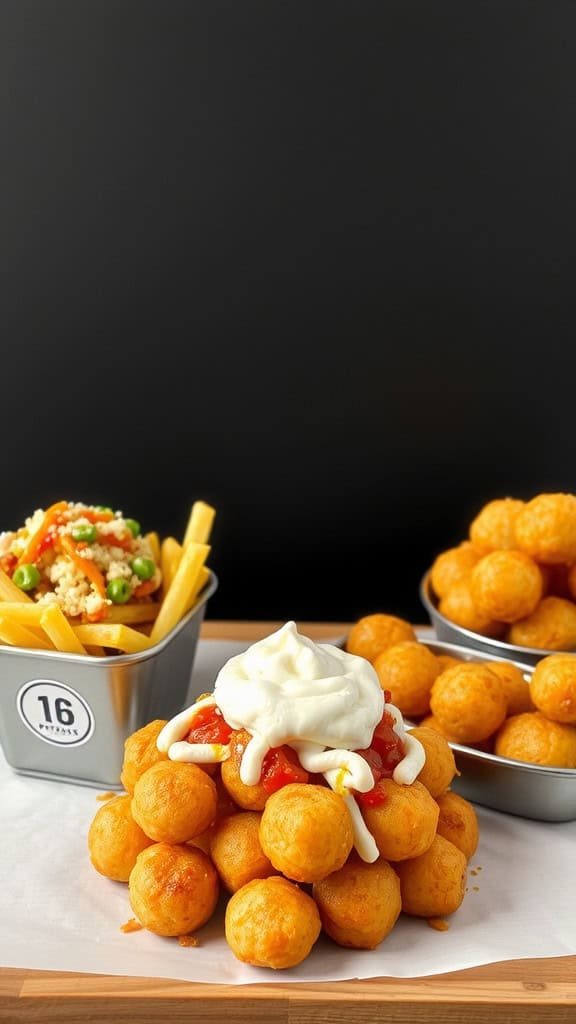 An assortment of crispy potato snacks including tater tots and french fries, topped with sauces.