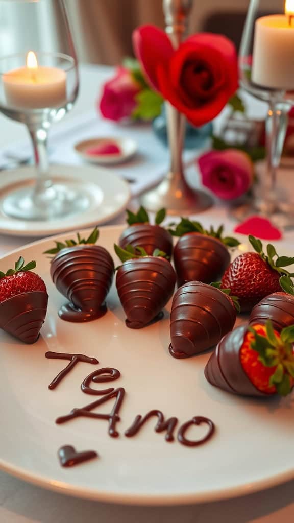 A plate of chocolate-covered strawberries with 'Te Amo' written in chocolate, surrounded by romantic decorations.