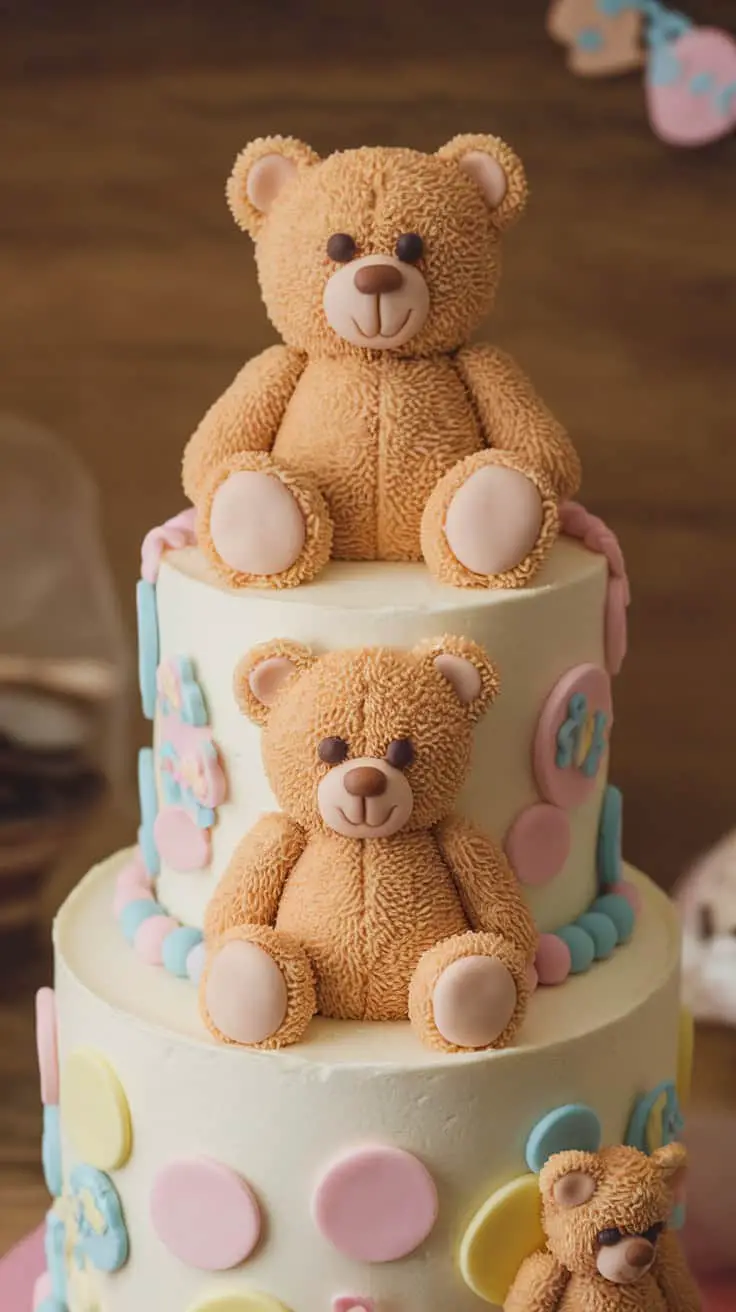 A teddy bear-themed baby shower cake with cute bear decorations and pastel colors.