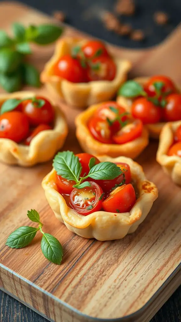 Tender Love Tomato Tartlets on a wooden board, featuring cherry tomatoes and fresh basil