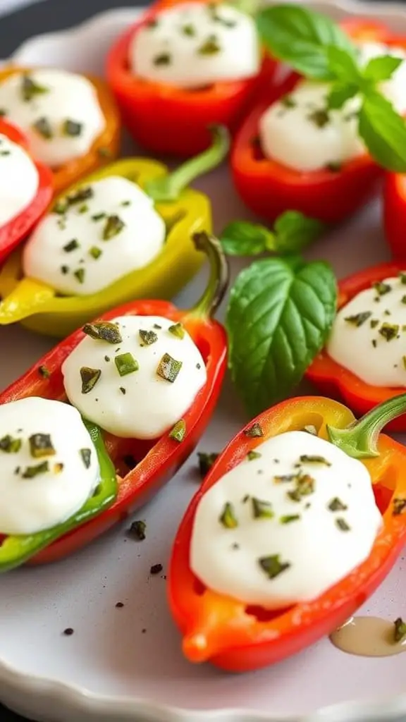 Colorful mozzarella stuffed peppers on a plate, topped with herbs.