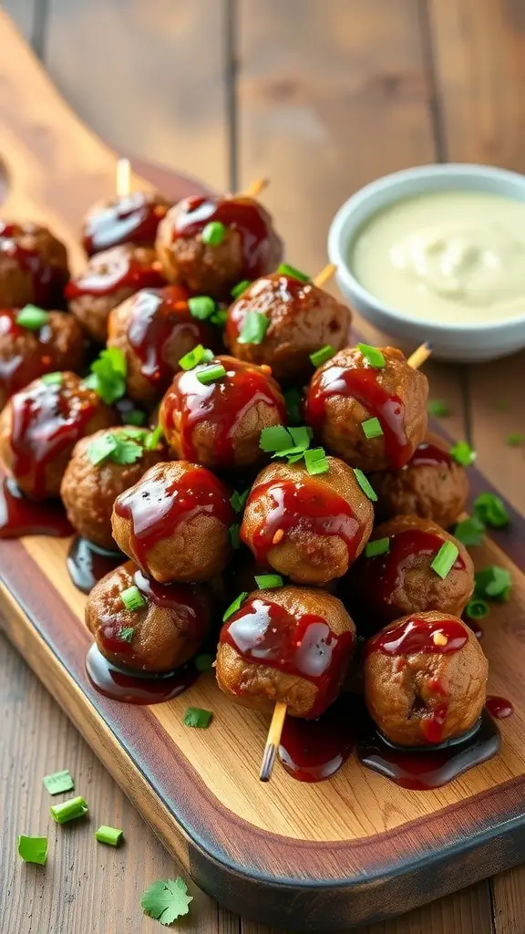 A platter of teriyaki glazed meatball skewers drizzled with sauce, garnished with green onions and served with a dipping sauce.