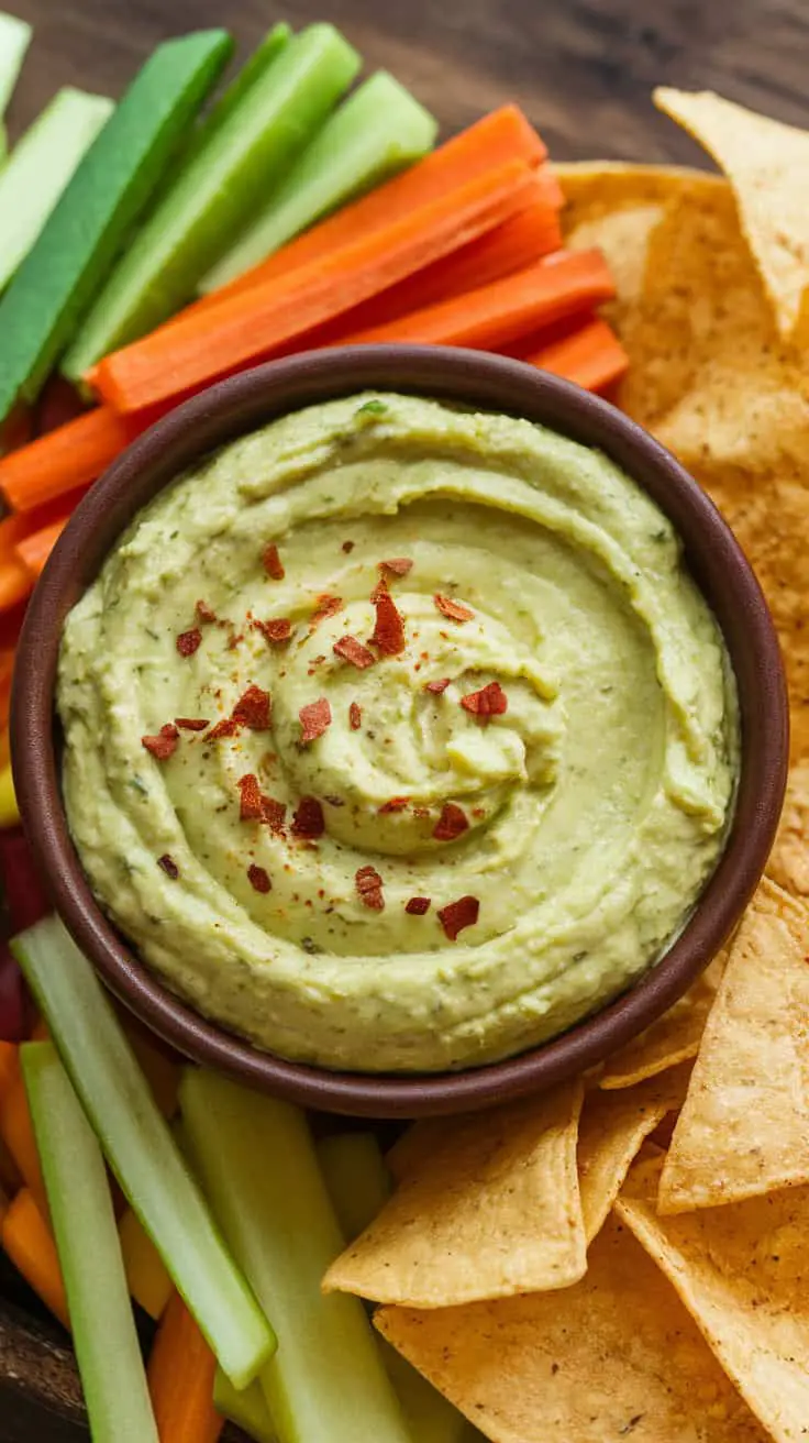 A bowl of creamy avocado dip surrounded by fresh vegetables and tortilla chips.