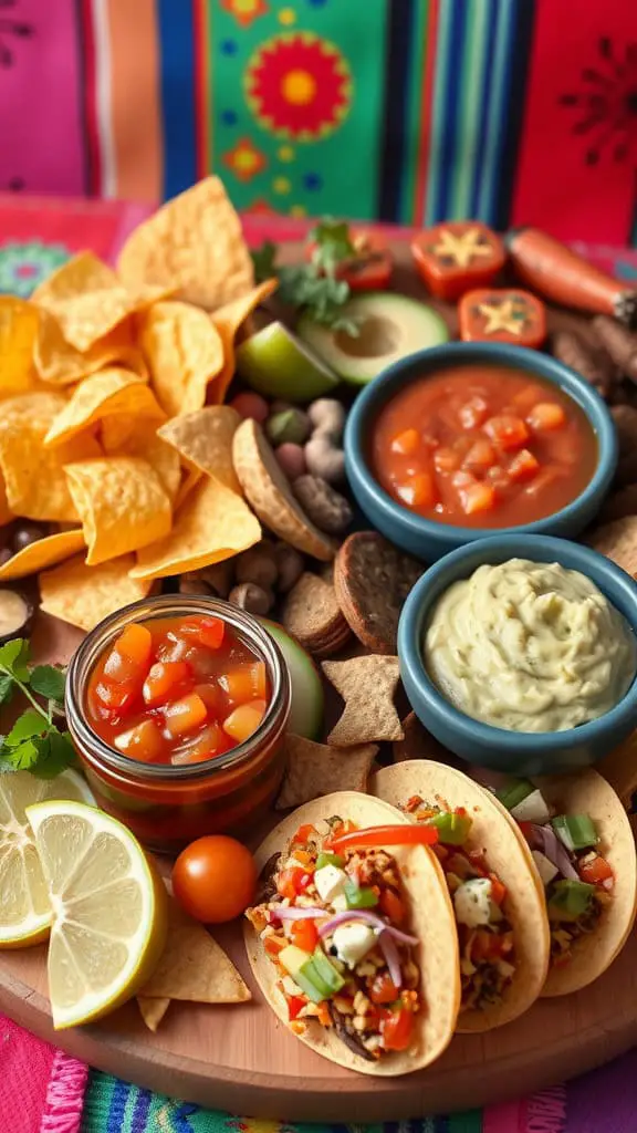 A vibrant Tex-Mex fiesta board featuring tortilla chips, mini tacos, salsa, guacamole, and colorful garnishes.