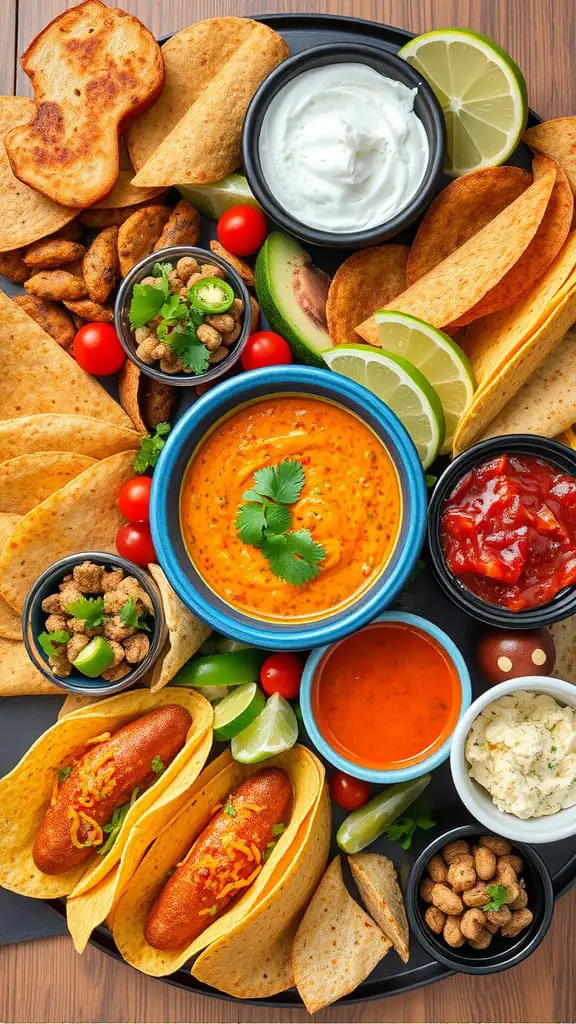 A vibrant Tex-Mex snack board featuring tortilla chips, dips, mini tacos, and fresh toppings.