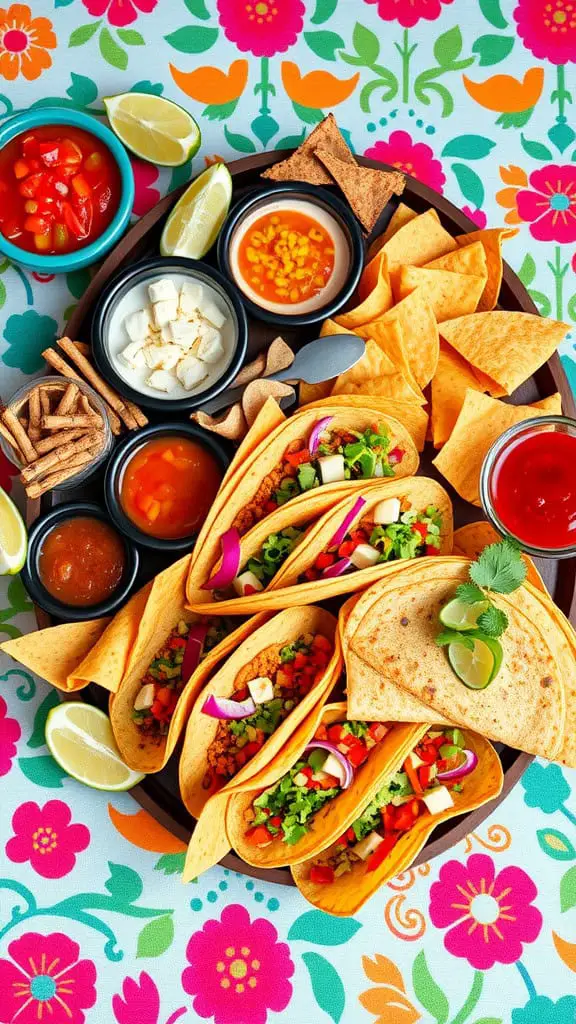 A colorful Tex-Mex Taco Party Tray featuring tacos, tortilla chips, dips, and vibrant toppings.