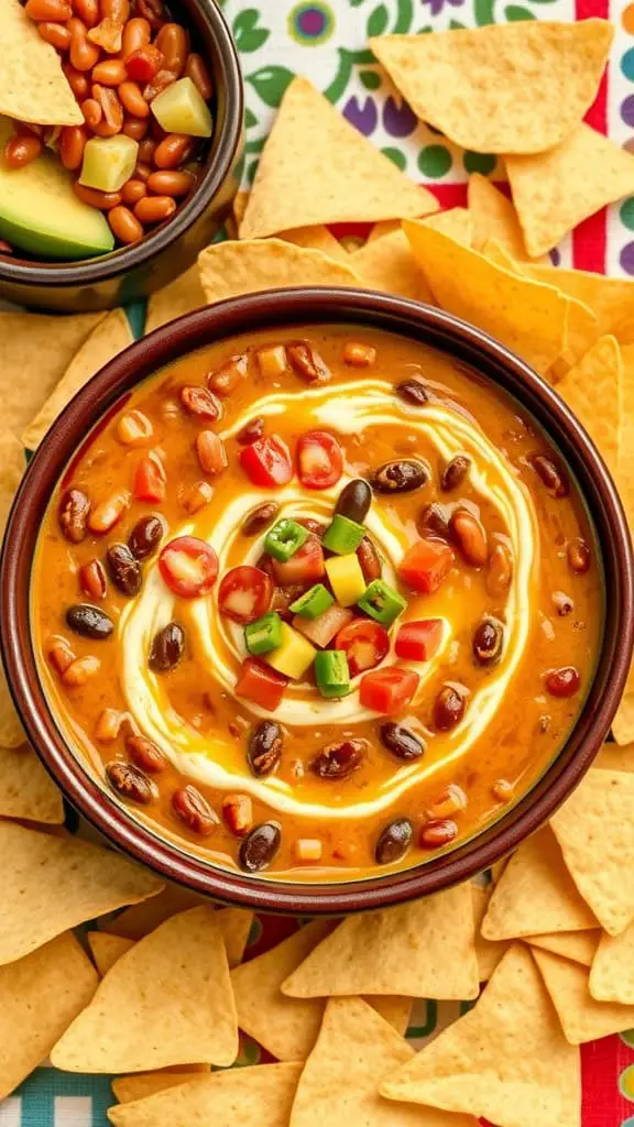 A bowl of Texas-style bean dip topped with diced vegetables and sour cream, surrounded by tortilla chips.