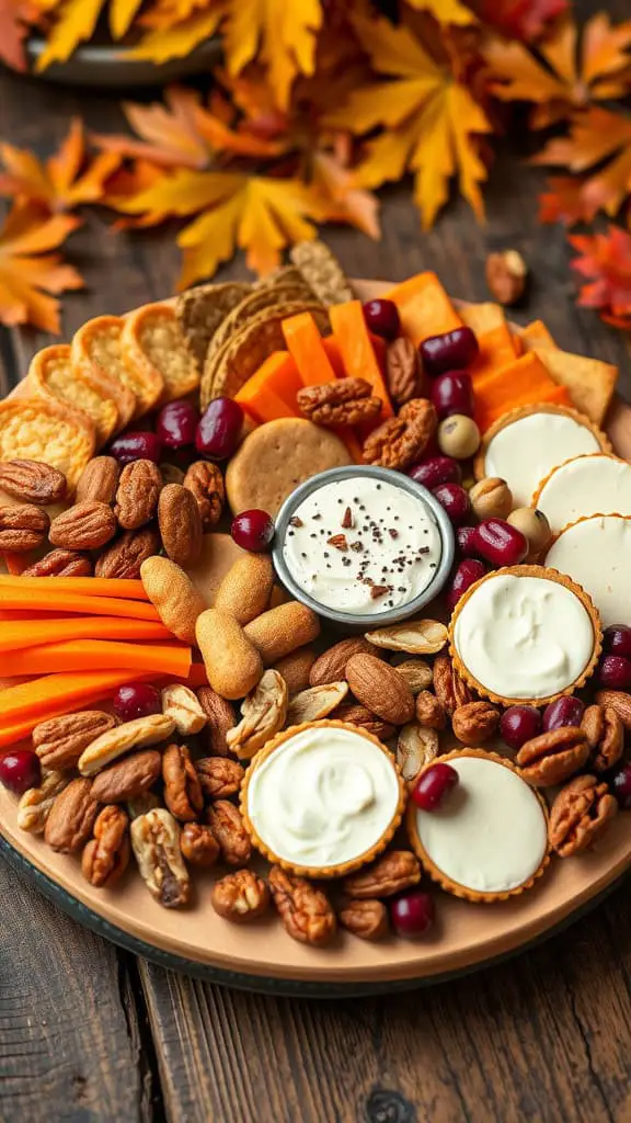 A beautifully arranged Thanksgiving treat platter featuring nuts, cookies, and autumn leaves on a wooden board.