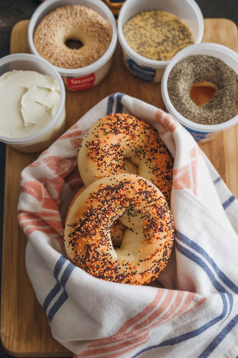 Freshly baked cottage cheese bagels with various toppings and cream cheese on a wooden board