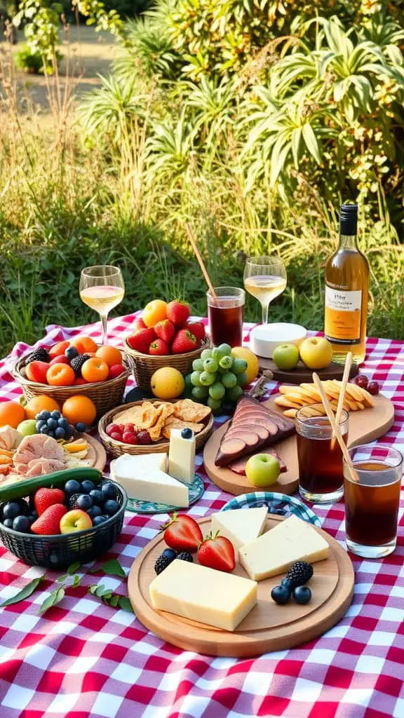 A colorful picnic grazing table with a variety of fruits, cheeses, and drinks on a checkered blanket.