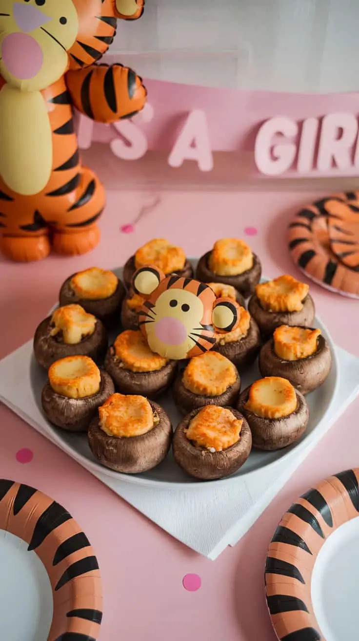 Plate of cheese-stuffed mushrooms decorated with Tigger-themed elements for a baby shower