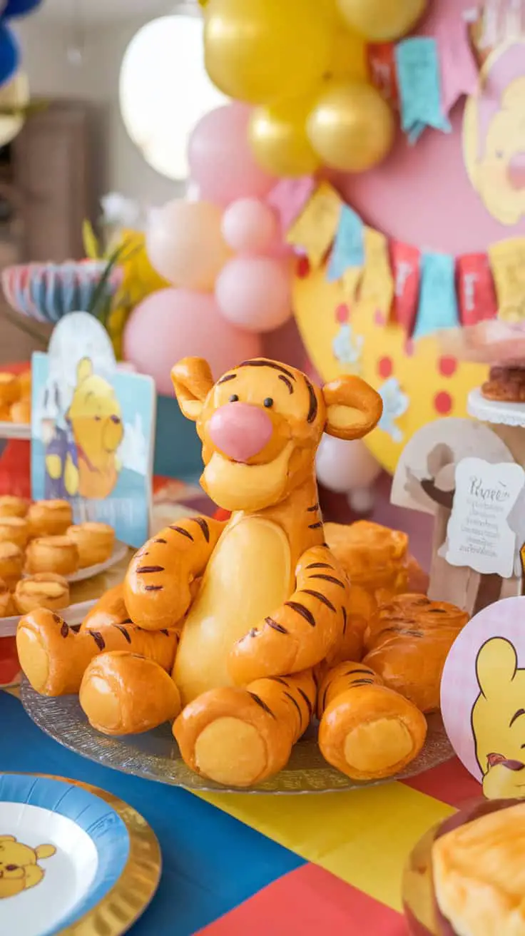 A creative display of Tigger made from cheese puff pastries, surrounded by colorful decorations for a Winnie the Pooh themed event.