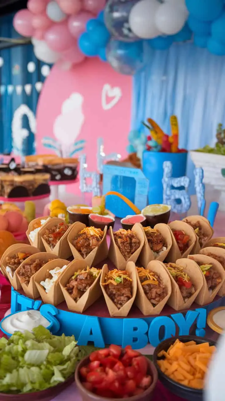 A colorful display of tiny taco cups surrounded by fresh ingredients and decorations for a celebration.