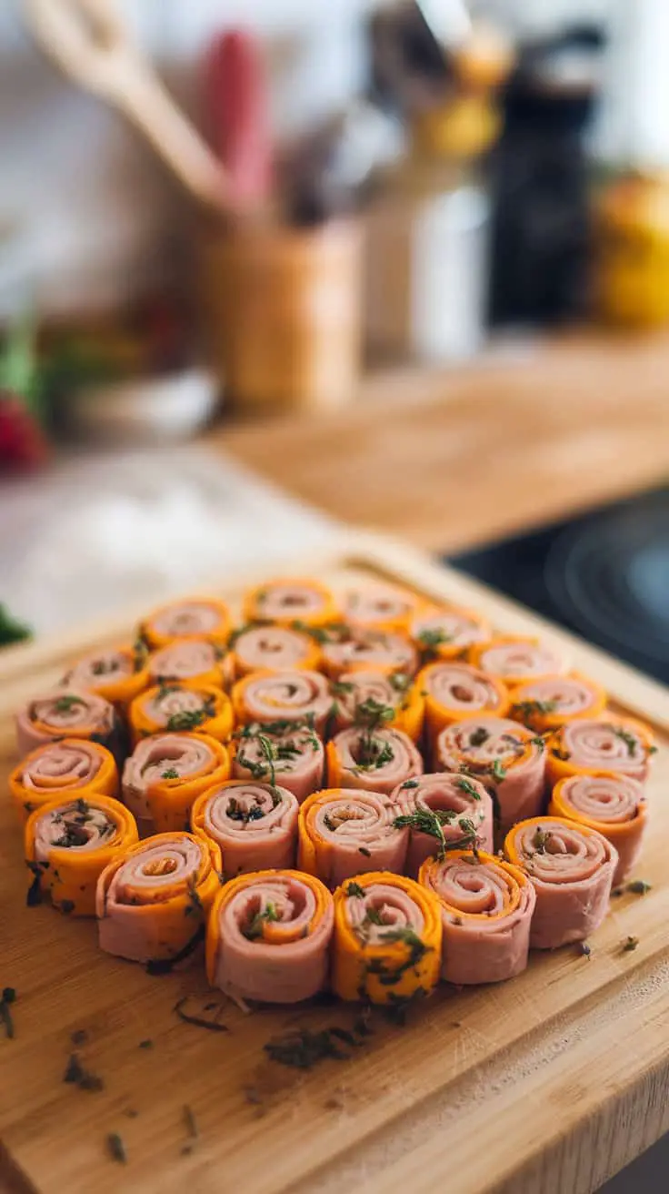 A platter of tiny turkey and cheese pinwheels arranged in a circular pattern on a wooden cutting board.