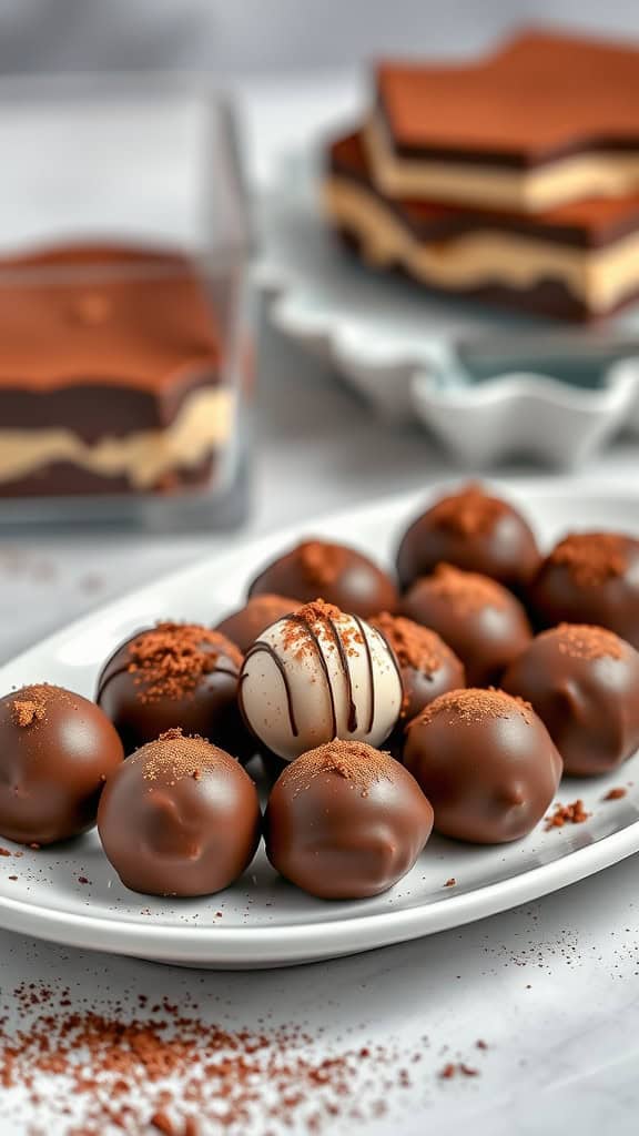 A plate of tiramisu coffee truffles sprinkled with cocoa powder.