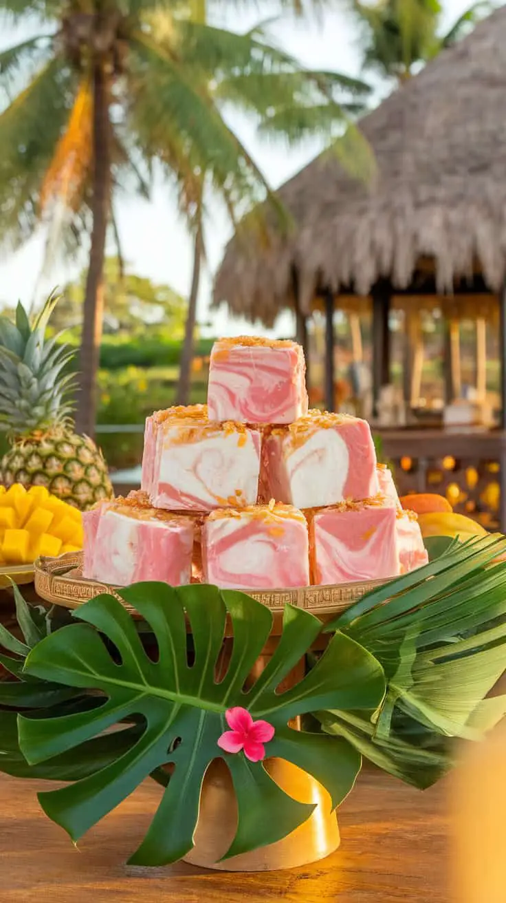 A beautiful display of toasted coconut nougat treats stacked on a golden platter, surrounded by tropical fruits.