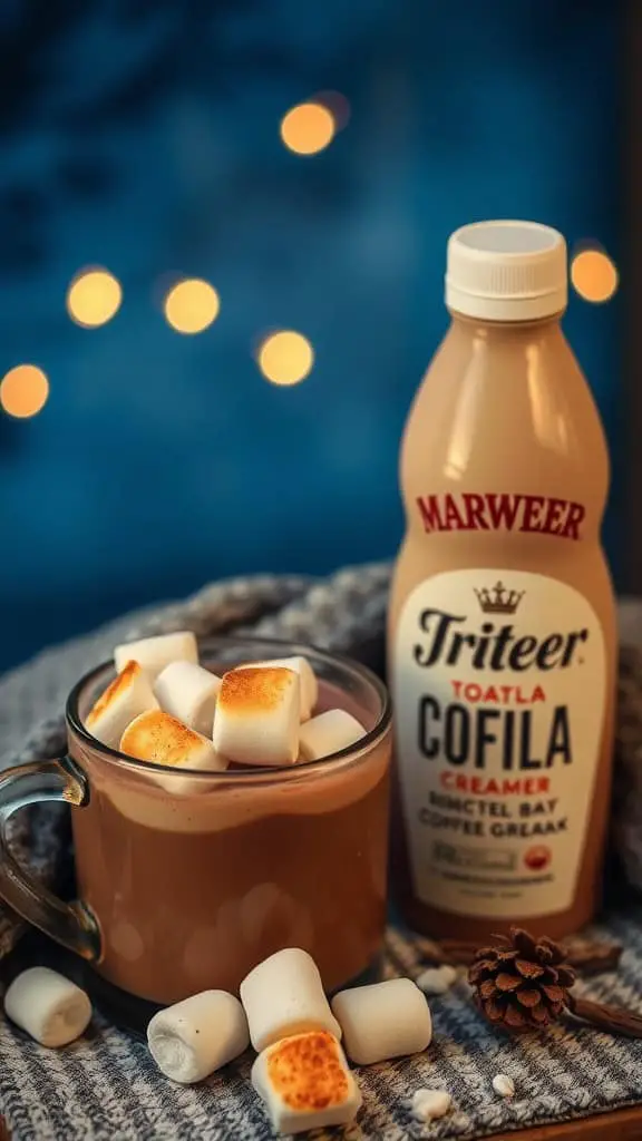 A cup of coffee topped with toasted marshmallows next to a bottle of coffee creamer, with a cozy backdrop.