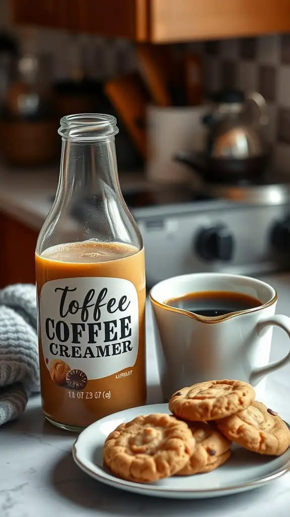 A bottle of toffee coffee creamer, a cup of coffee, and cookies on a table.