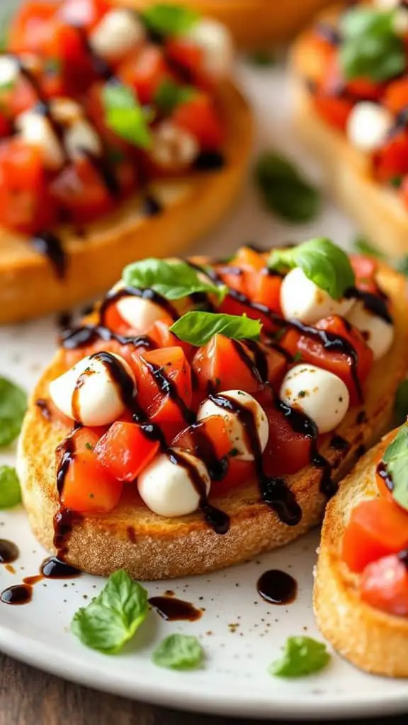 A plate of tomato and mozzarella bruschetta topped with fresh basil and balsamic glaze.