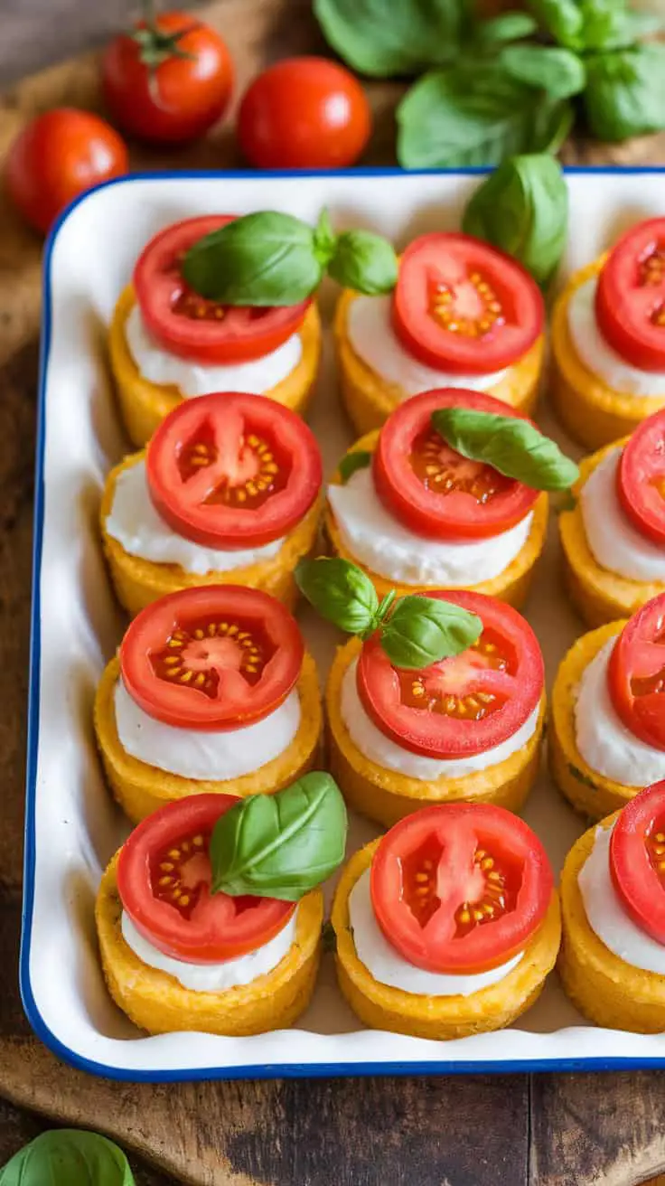 A tray of colorful Tomato Basil Mozzarella Egg Bites topped with fresh tomatoes and basil.